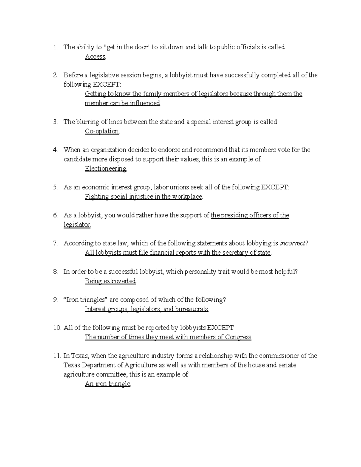 GOVT-2306 Exam 2 Review - The Ability To "get In The Door" To Sit Down ...