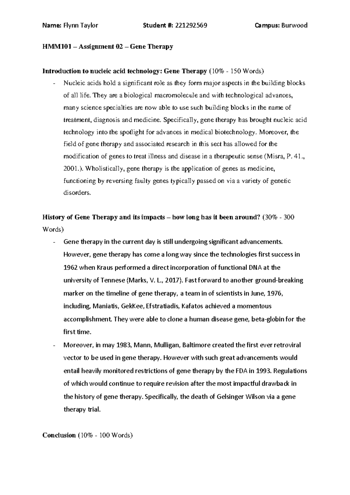 HMM101 Assignment 02 - Gene Therapy Case Study - Name: Flynn Taylor ...