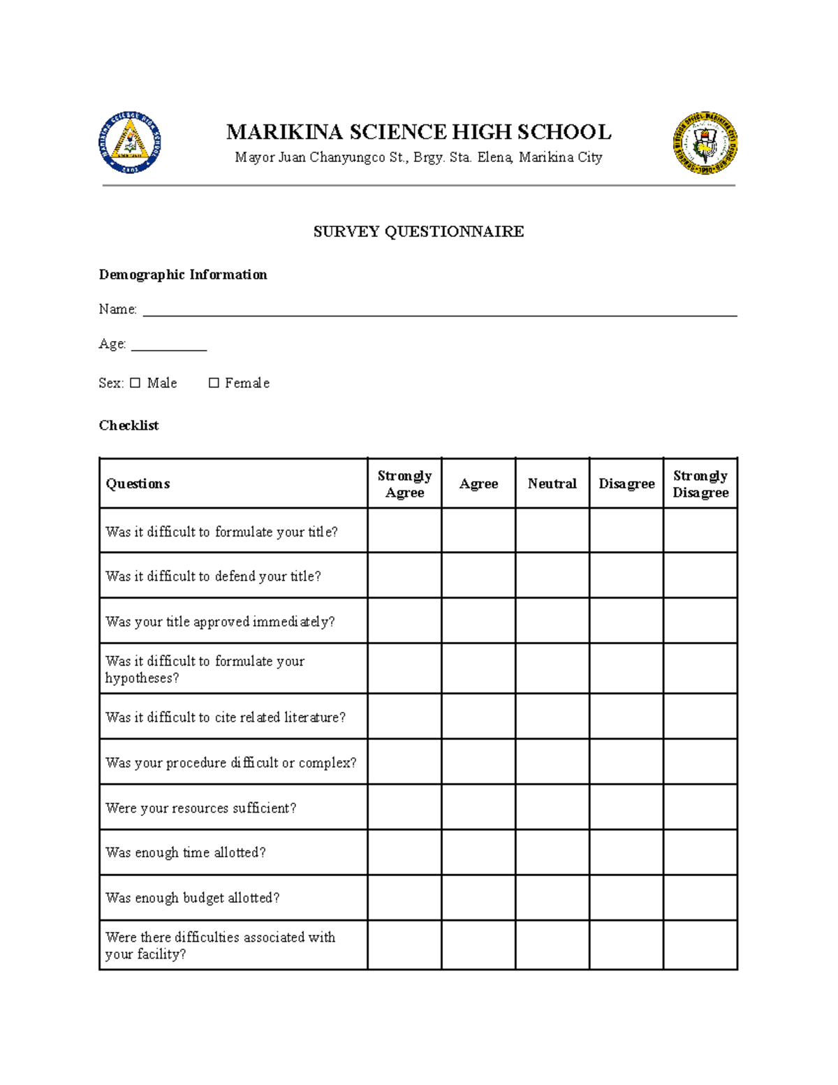 Research survey questionnaire template marikina science high school