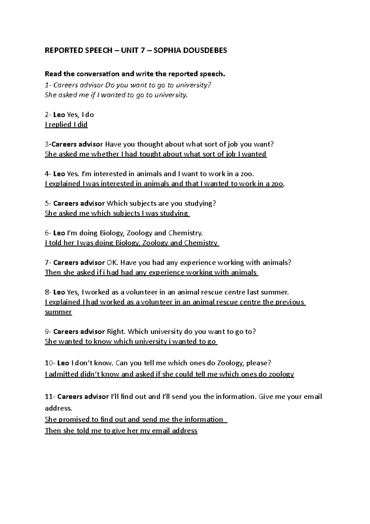 Reported Speech Exercises - REPORTED SPEECH – UNIT 7 – SOPHIA DOUSDEBES ...