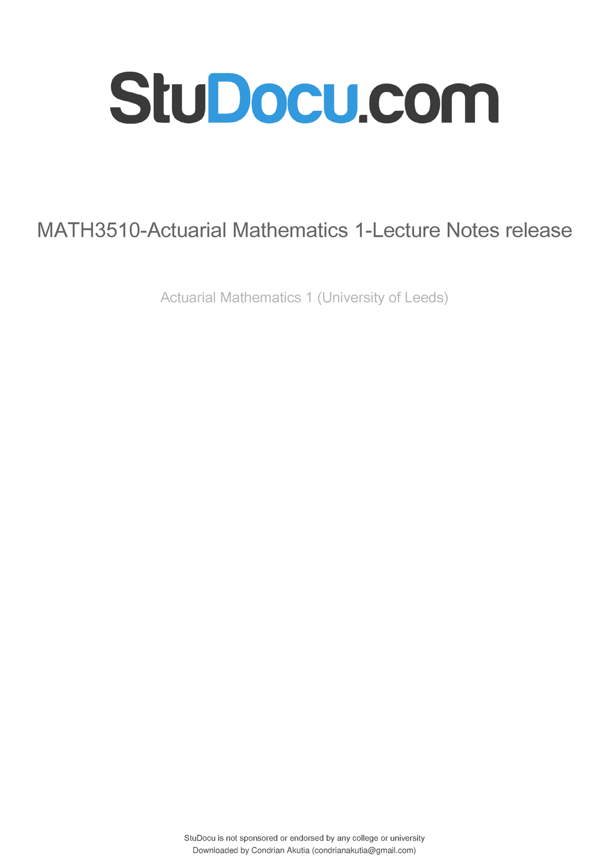 Math3510 Actuarial Mathematics 1 Lecture Notes Release - StuDocu Is Not ...