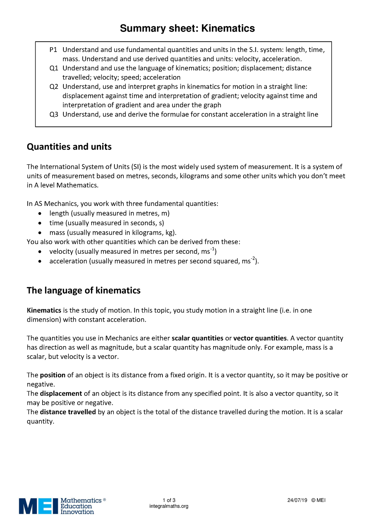 1 Kinematics - Summary Mathematics Content And Applications - Summary ...