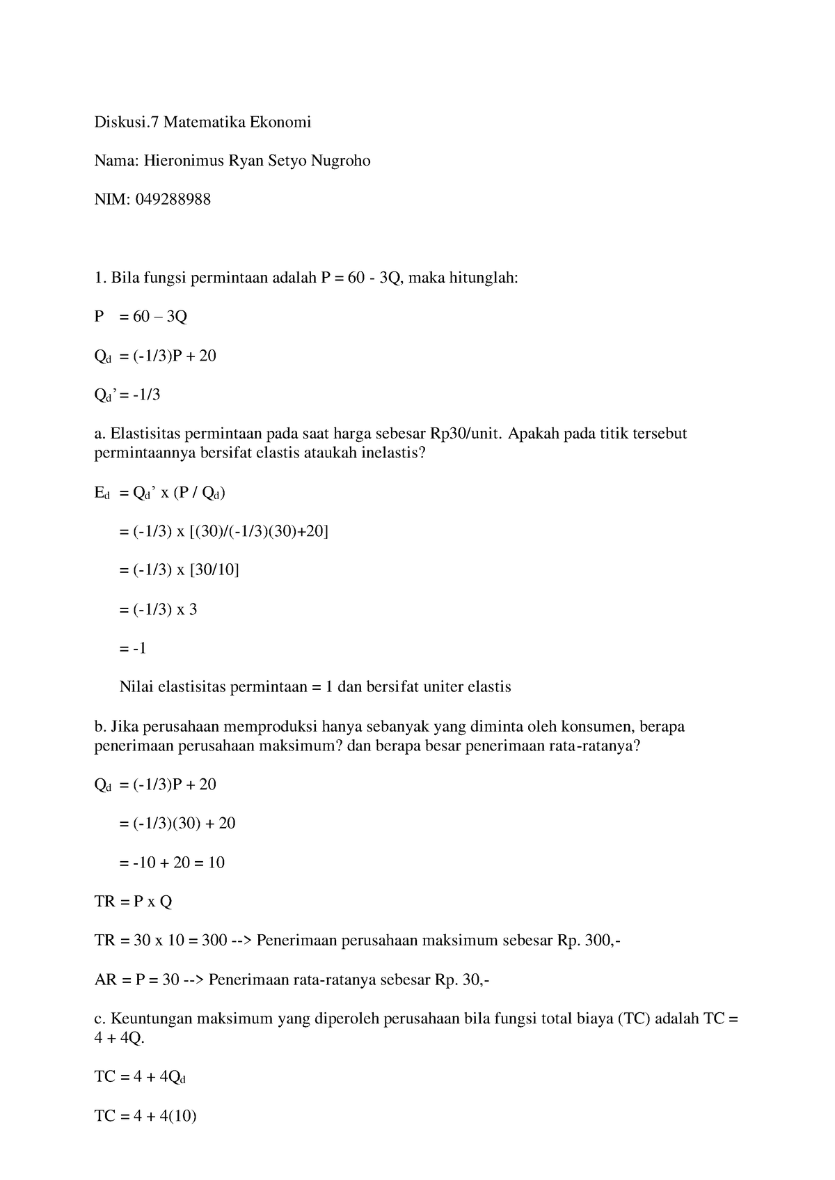 Diskusi 7 Matematika Ekonomi - Diskusi Matematika Ekonomi Nama ...