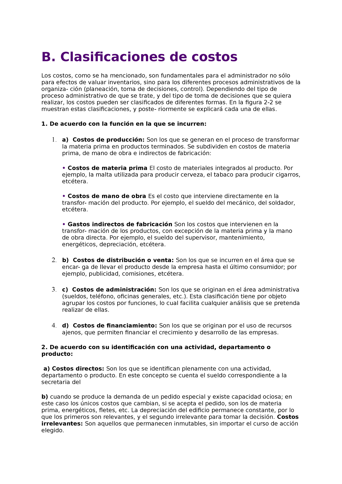 Clasificaciones De Costos - B. Clasificaciones De Costos Los Costos ...