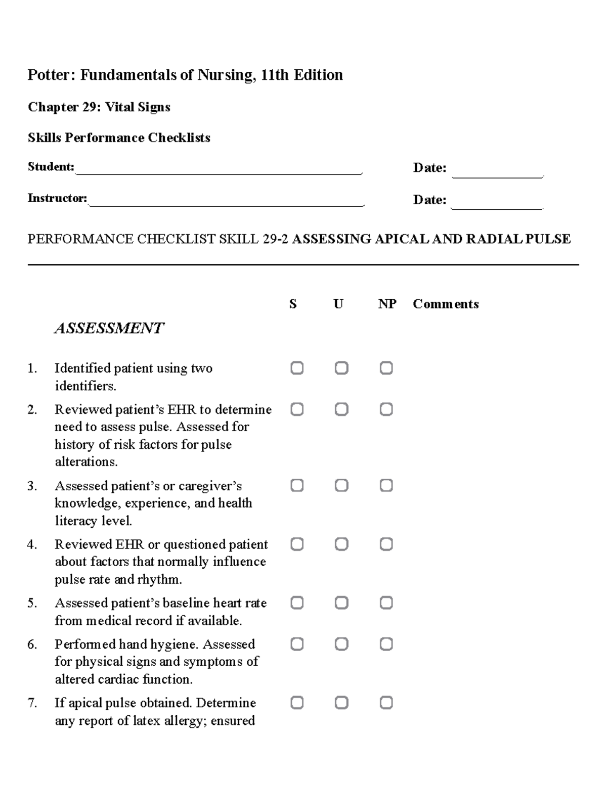 Pulse - Checklist - Potter: Fundamentals of Nursing, 11th Edition Chapter 29: Vital Signs Skills ...