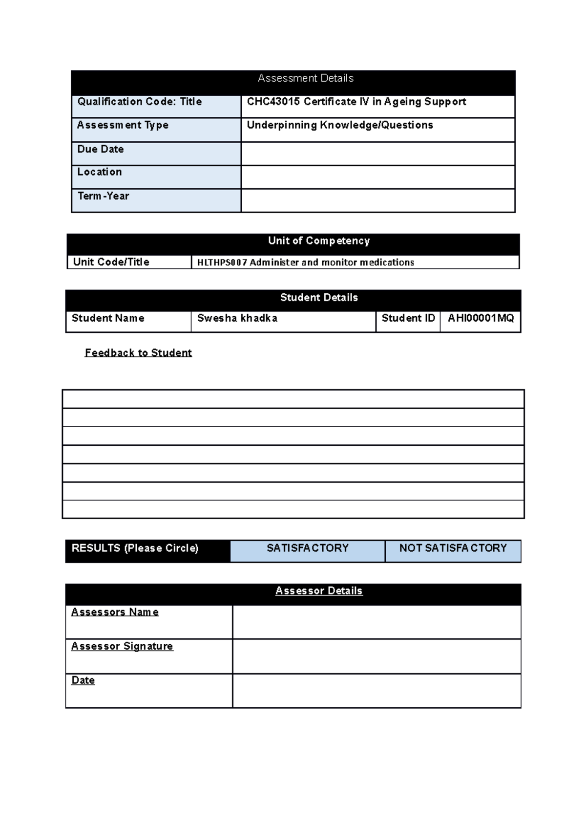 Assessment 1 moniter medications - CHC43015 - Studocu