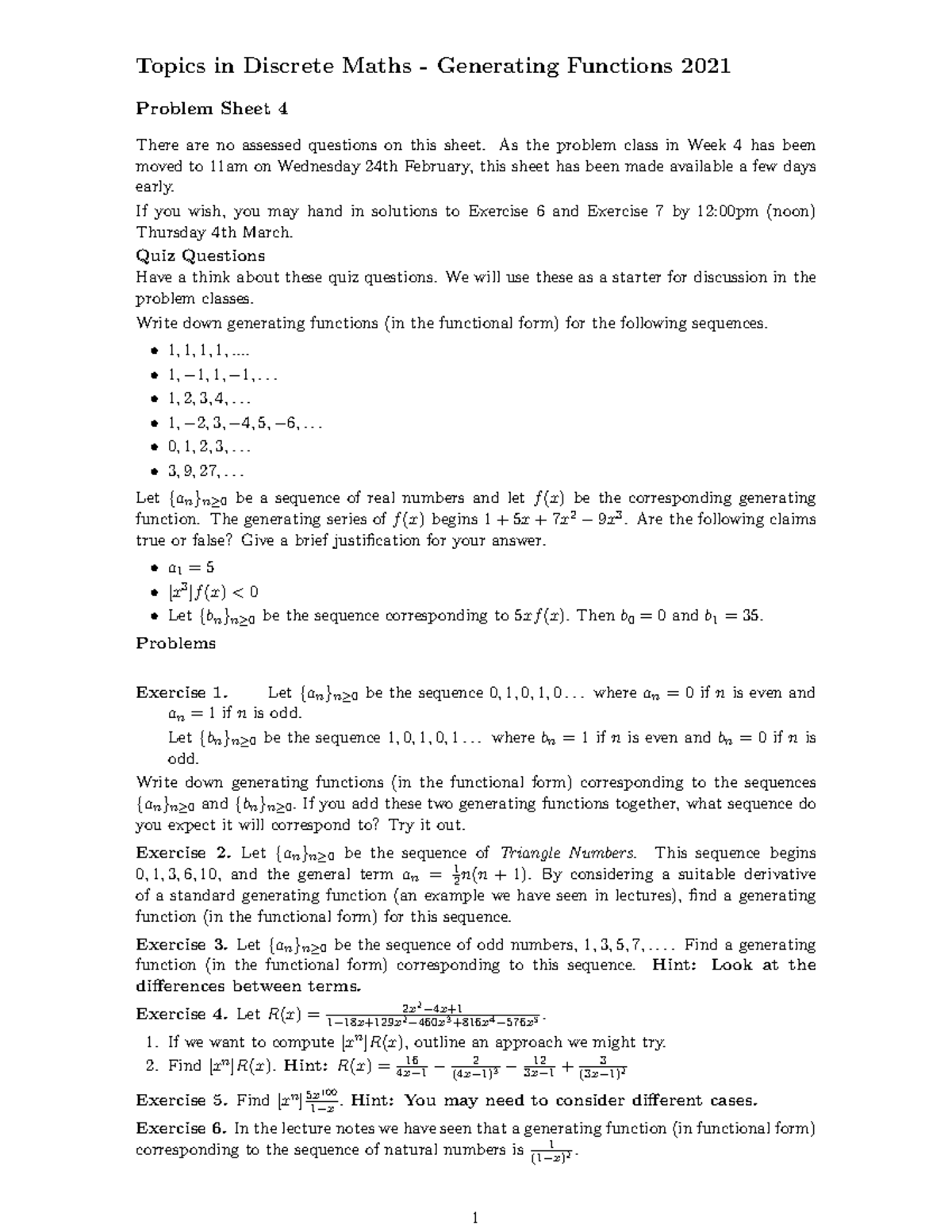 Topics in Discrete Mathematics Problem Sheet 4 - Topics in Discrete ...