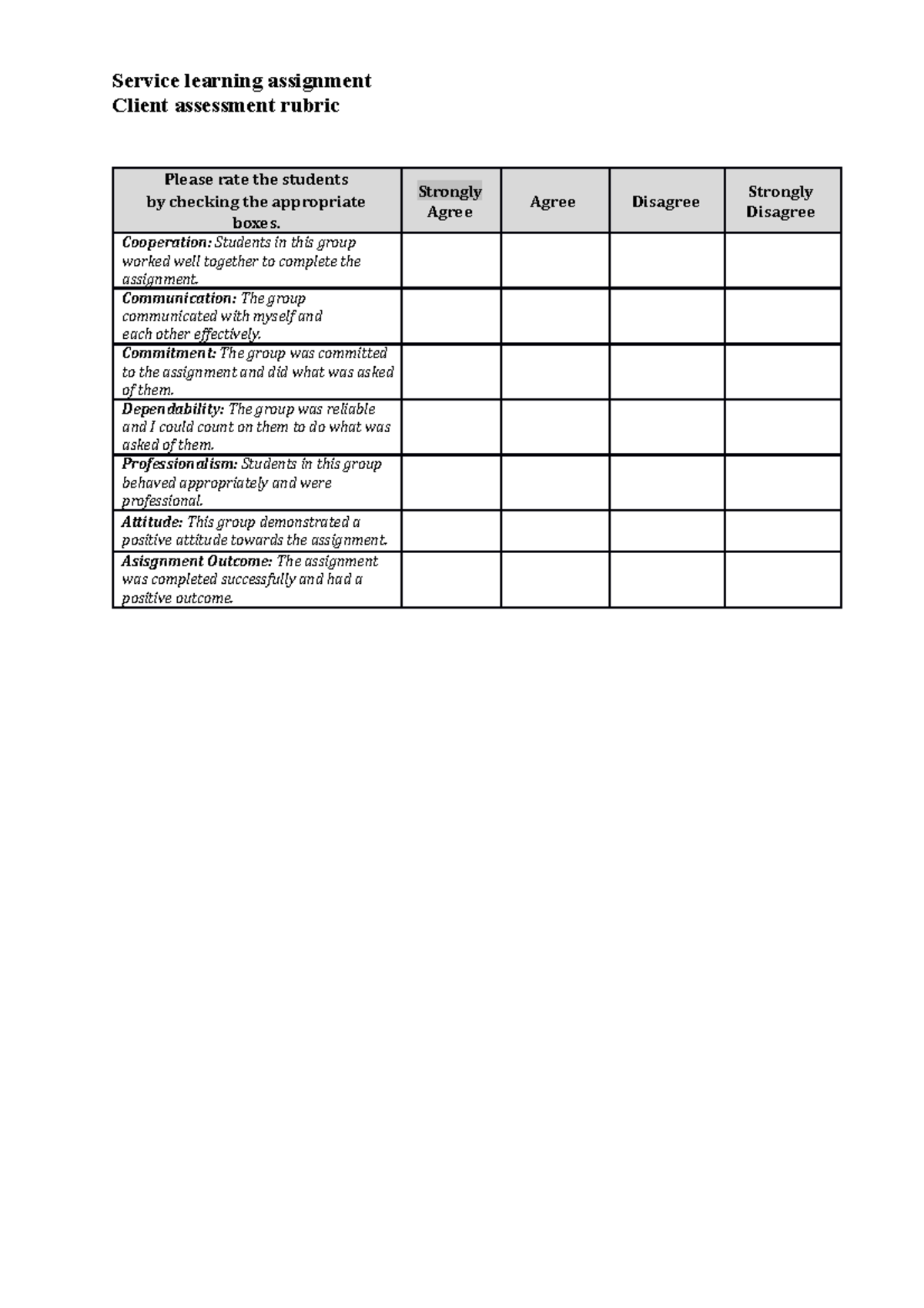 Client assessment rubric - Service learning assignment Client ...