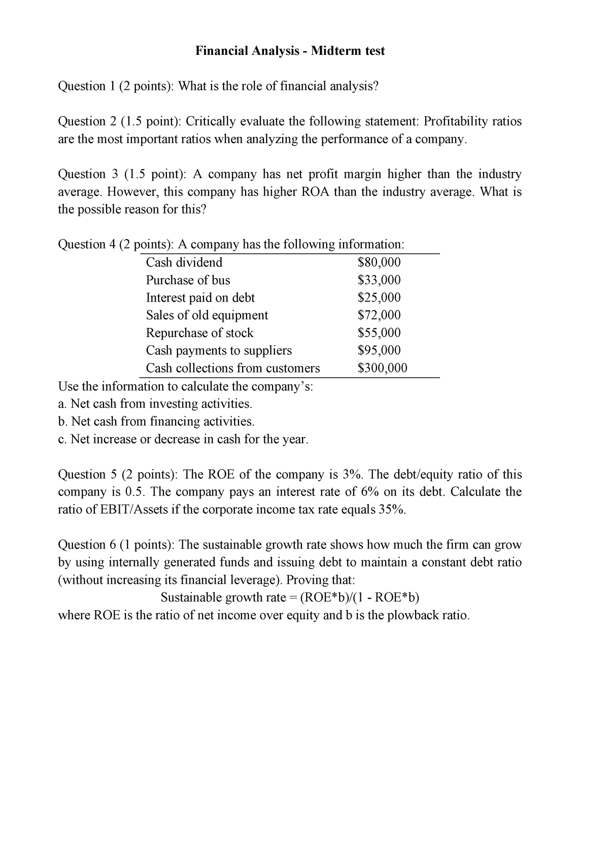 Midterm Test - Test - Financial Analysis - Midterm Test Question 1 (2 ...