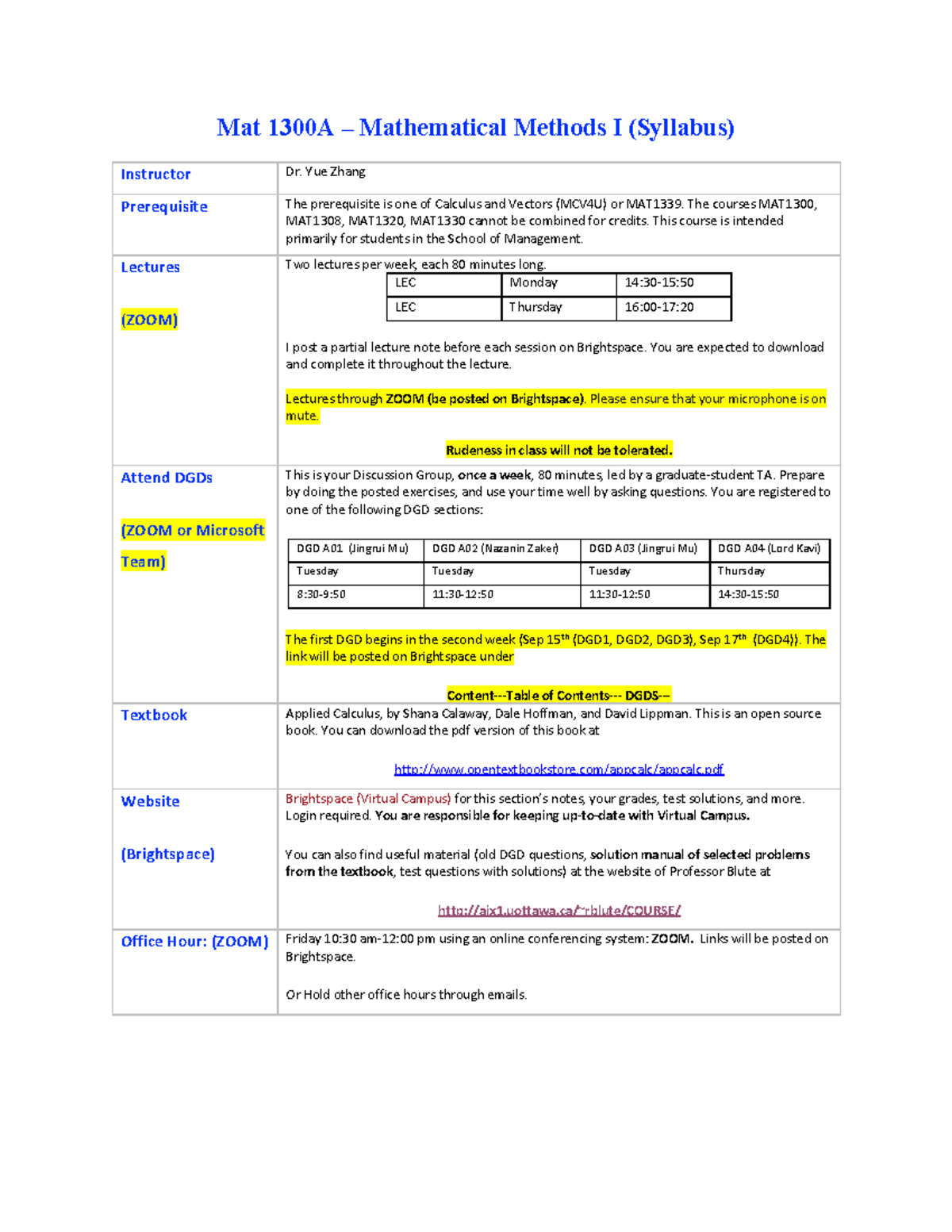 MAT 1300- Fall 2020 Syllabus - Mat 1300A – Mathematical Methods I ...