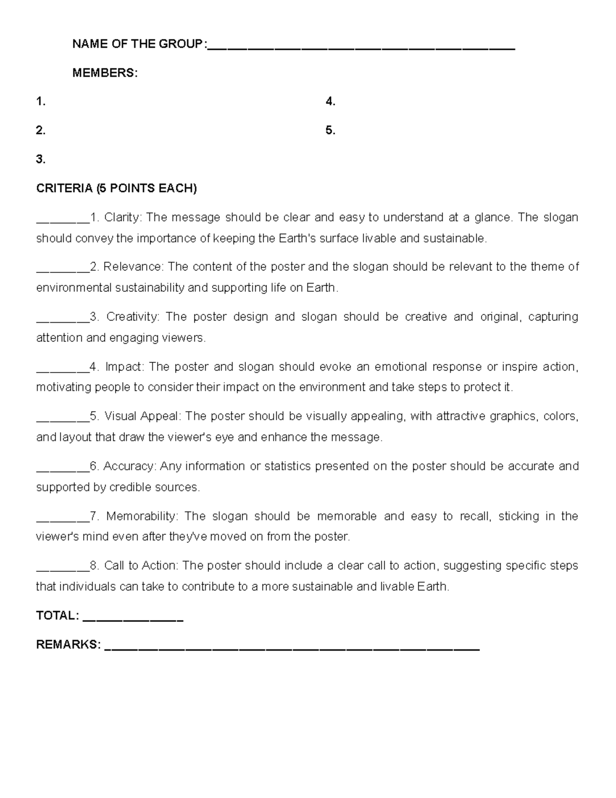 Criteria - slogan ( lesson 6) science 6 - NAME OF THE - Studocu