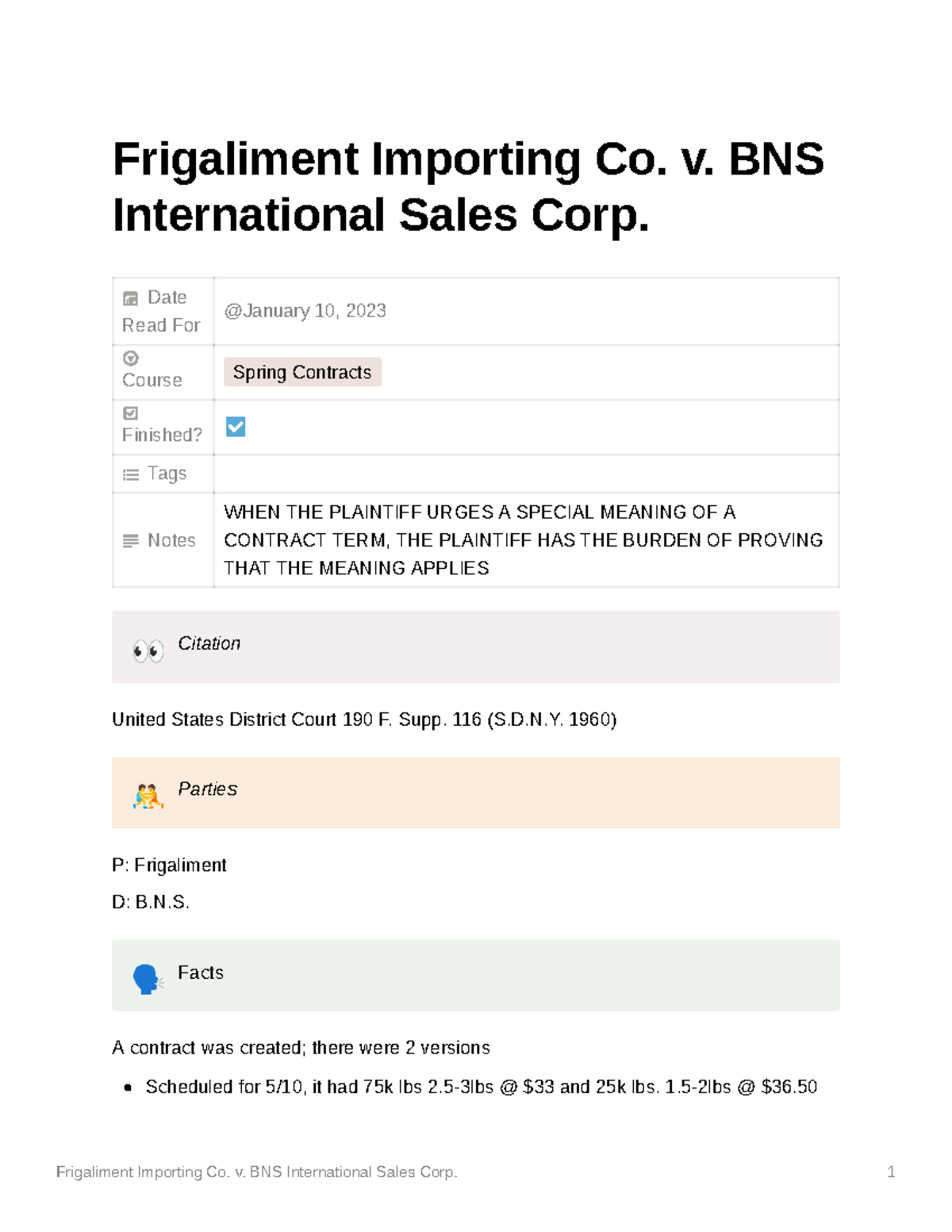 Frigaliment - Case Brief - Frigaliment Importing Co. v. BNS ...