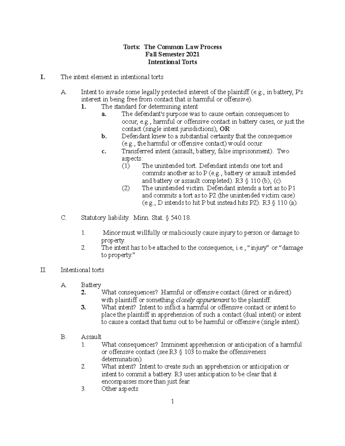 Intentional Torts Outline - Torts: The Common Law Process Fall Semester ...