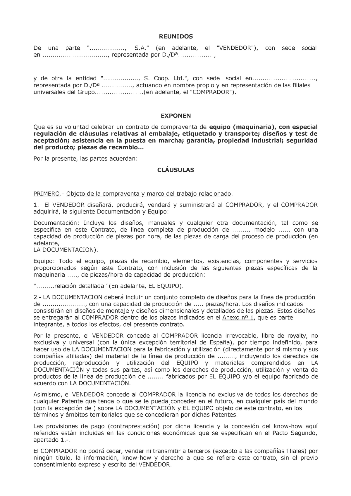 Modelo de compraventa de maquinaria industrial en Word - derecho civil,  contratos - Studocu