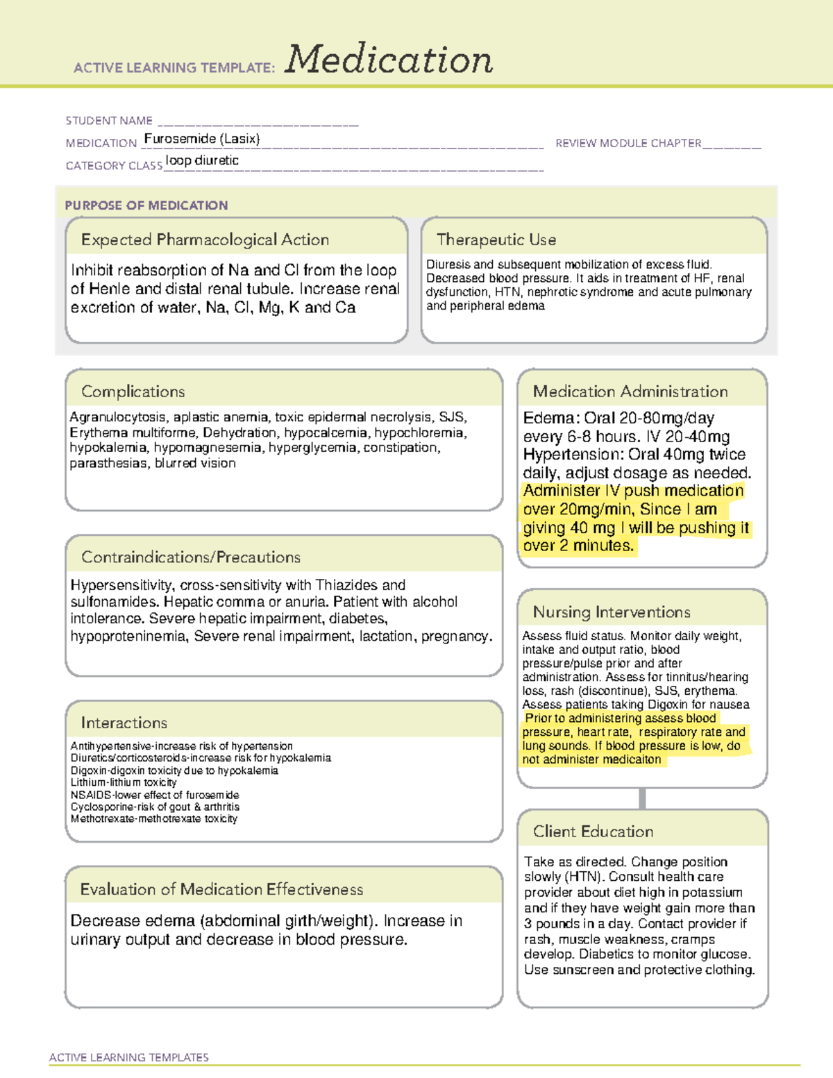 Furosemide med sheet - ACTIVE LEARNING TEMPLATES Medication STUDENT ...