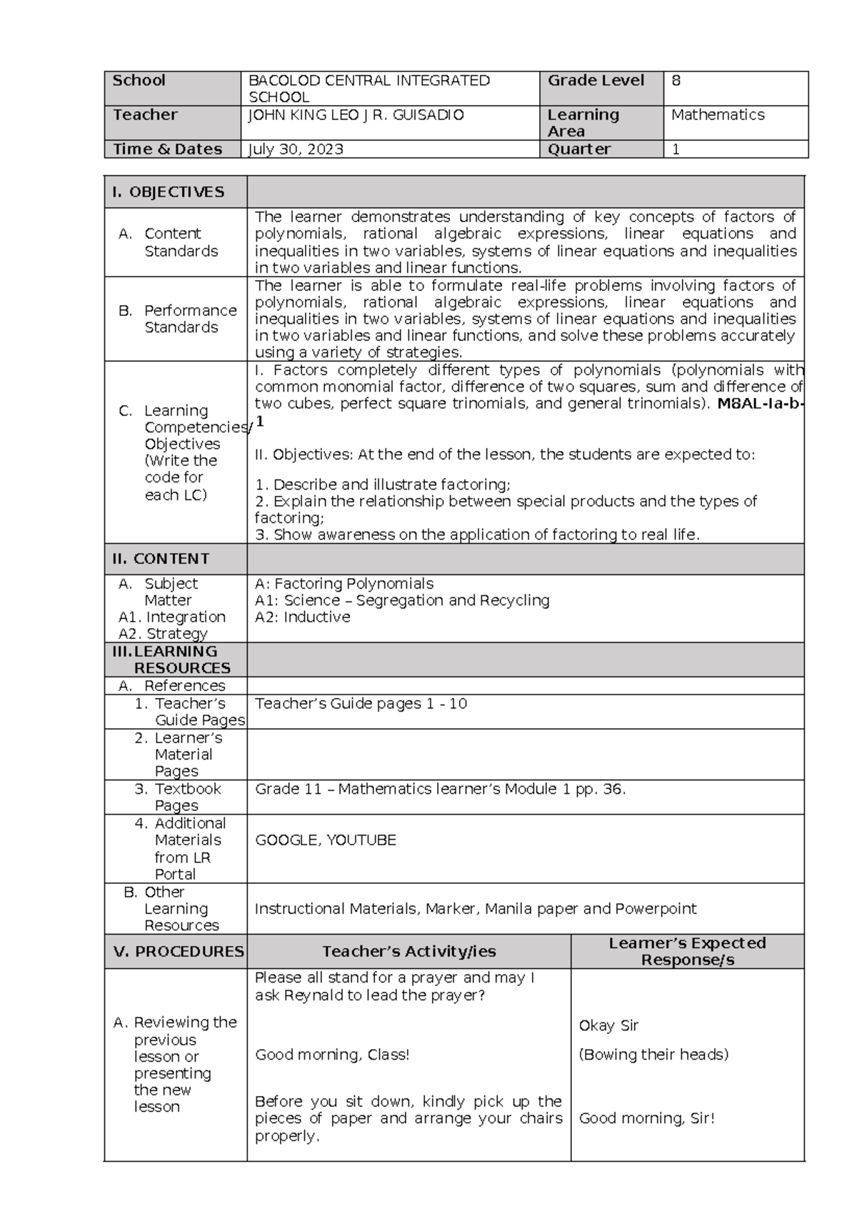 Day 1 - A lesson plan for mathematics. - School BACOLOD CENTRAL ...