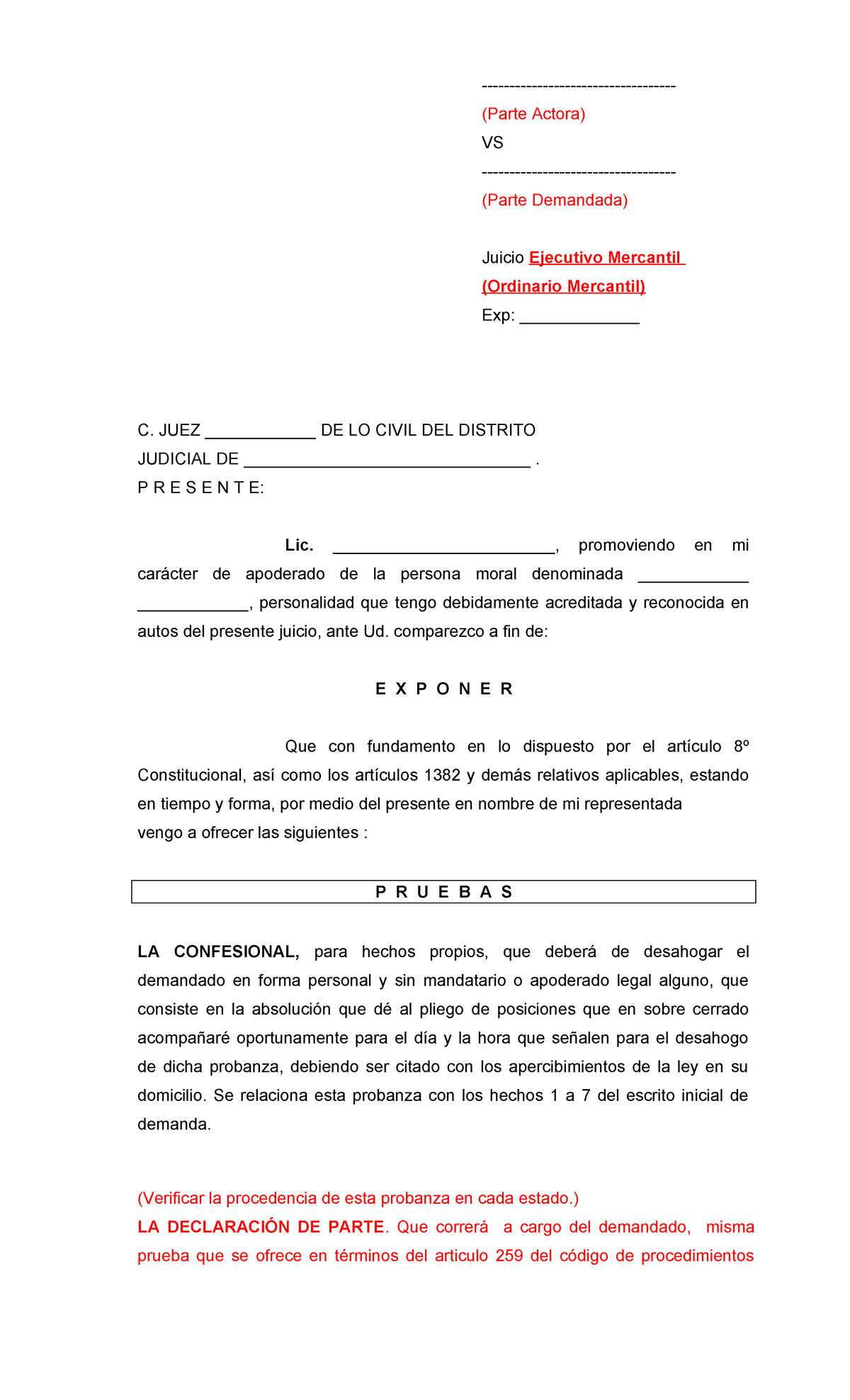 C Escrito Ofrecimiento DE Pruebas - (Parte Actora) VS (Parte Demandada ...