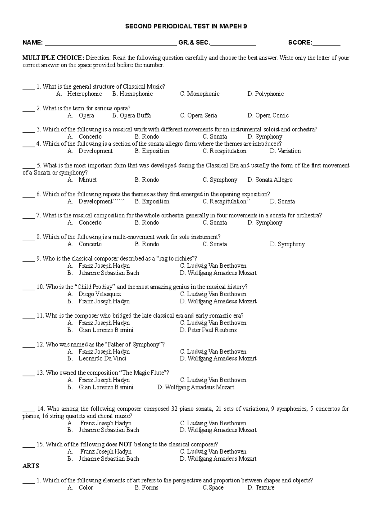 PT G9 Mapeh - SECOND PERIODICAL TEST IN MAPEH 9 NAME