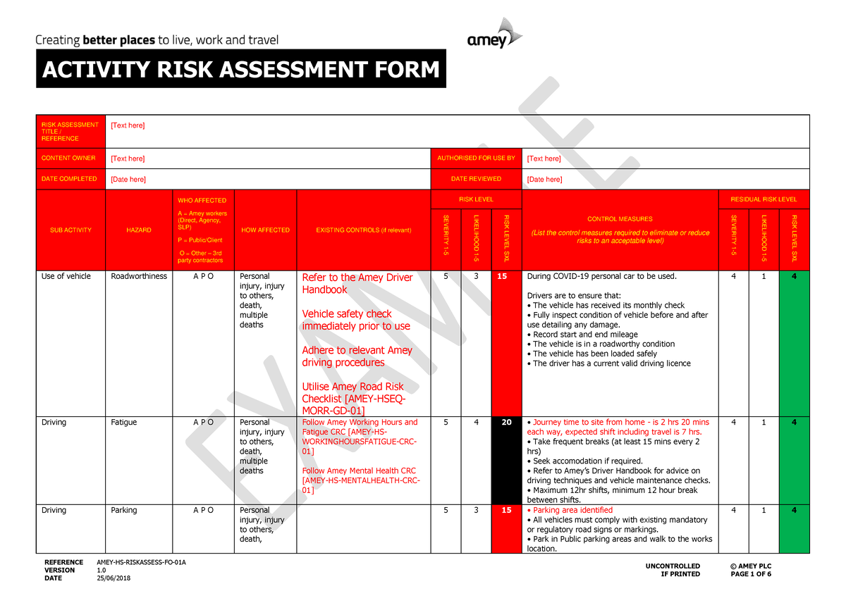 Activity Risk Assessment Form Example Reference Version Amey Hs Riskassess Fo 01a 1