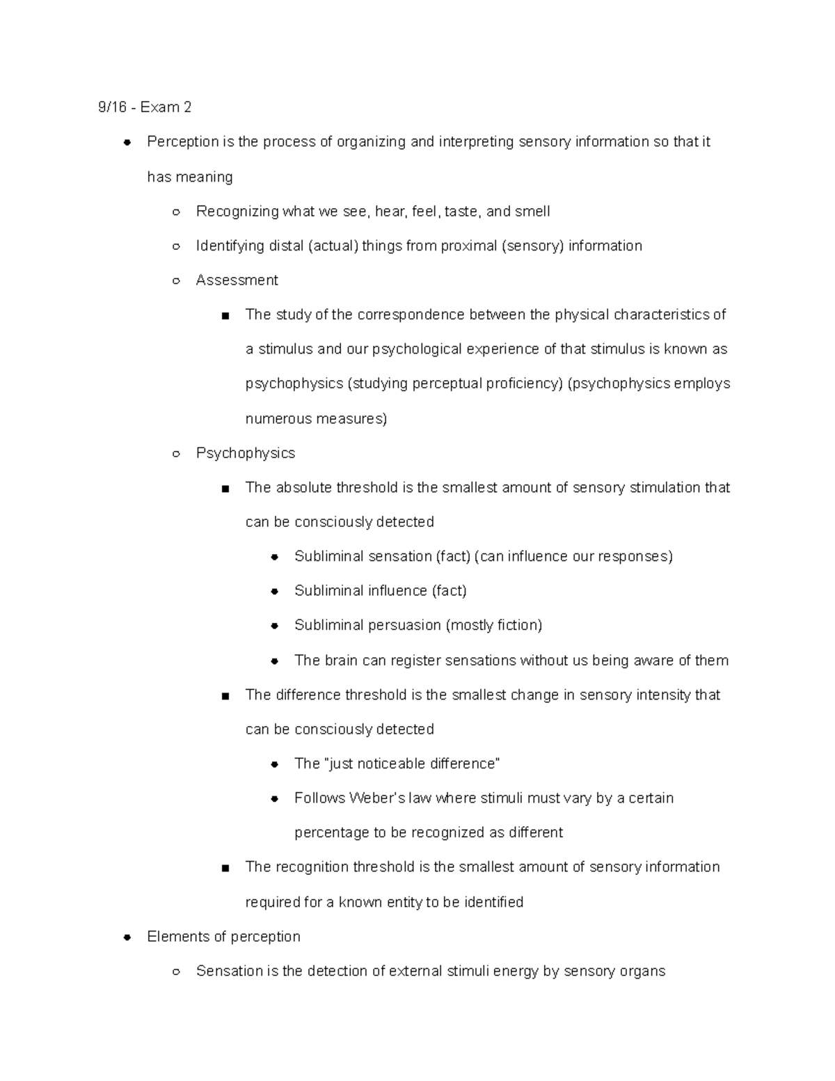 PSYC111 Exam 2 Notes - 9/16 - Exam 2 Perception Is The Process Of ...