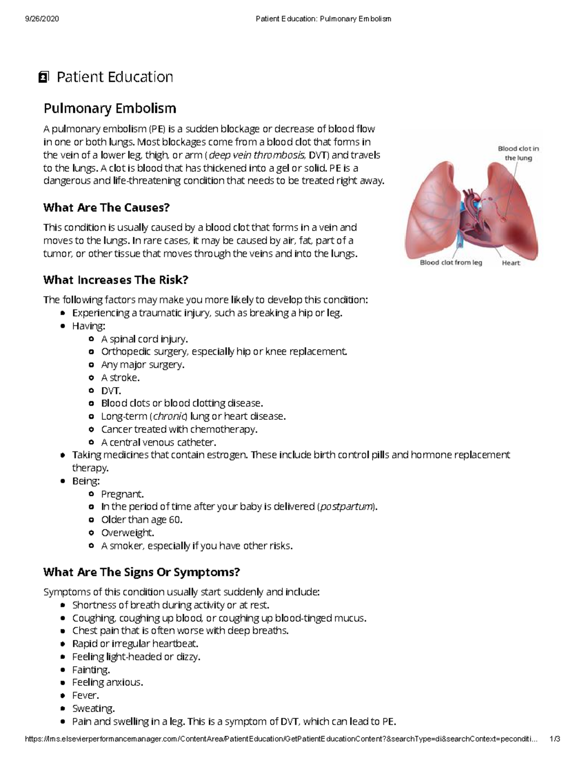 Patient Education Pulmonary Embolism Studocu