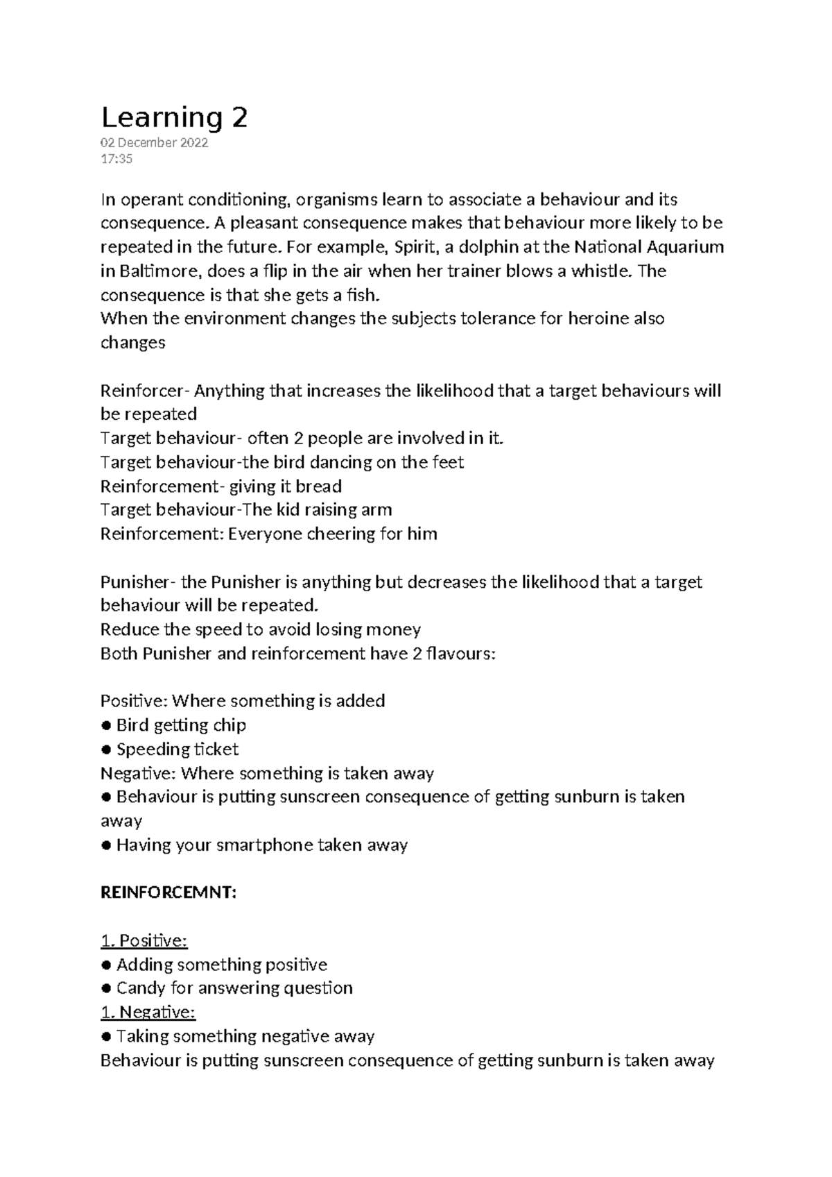 Learning 2 psyc 101 notes - Learning 2 02 December 2022 17: In operant ...