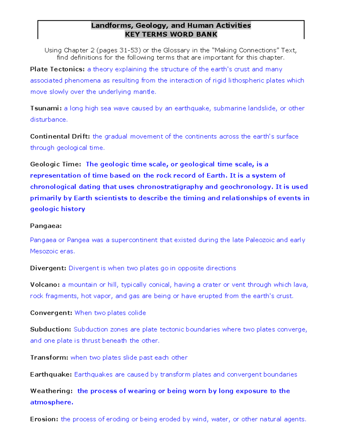 Chapter 2 KEY Terms Word Bank - Landforms, Geology, and Human ...