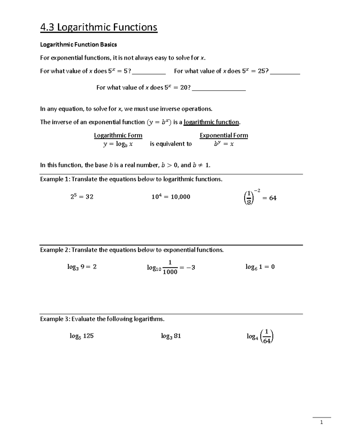 4.3 Logarithmic Functions Lecture Worksheet - Logarithmic Function ...