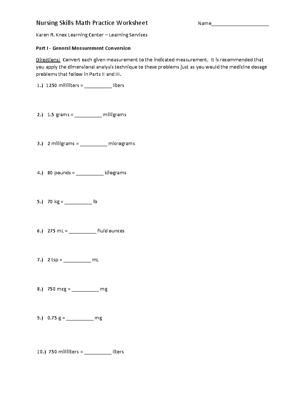 Comprehensive Nursing Skills Math Practice Worksheet - Karen R. Knox ...