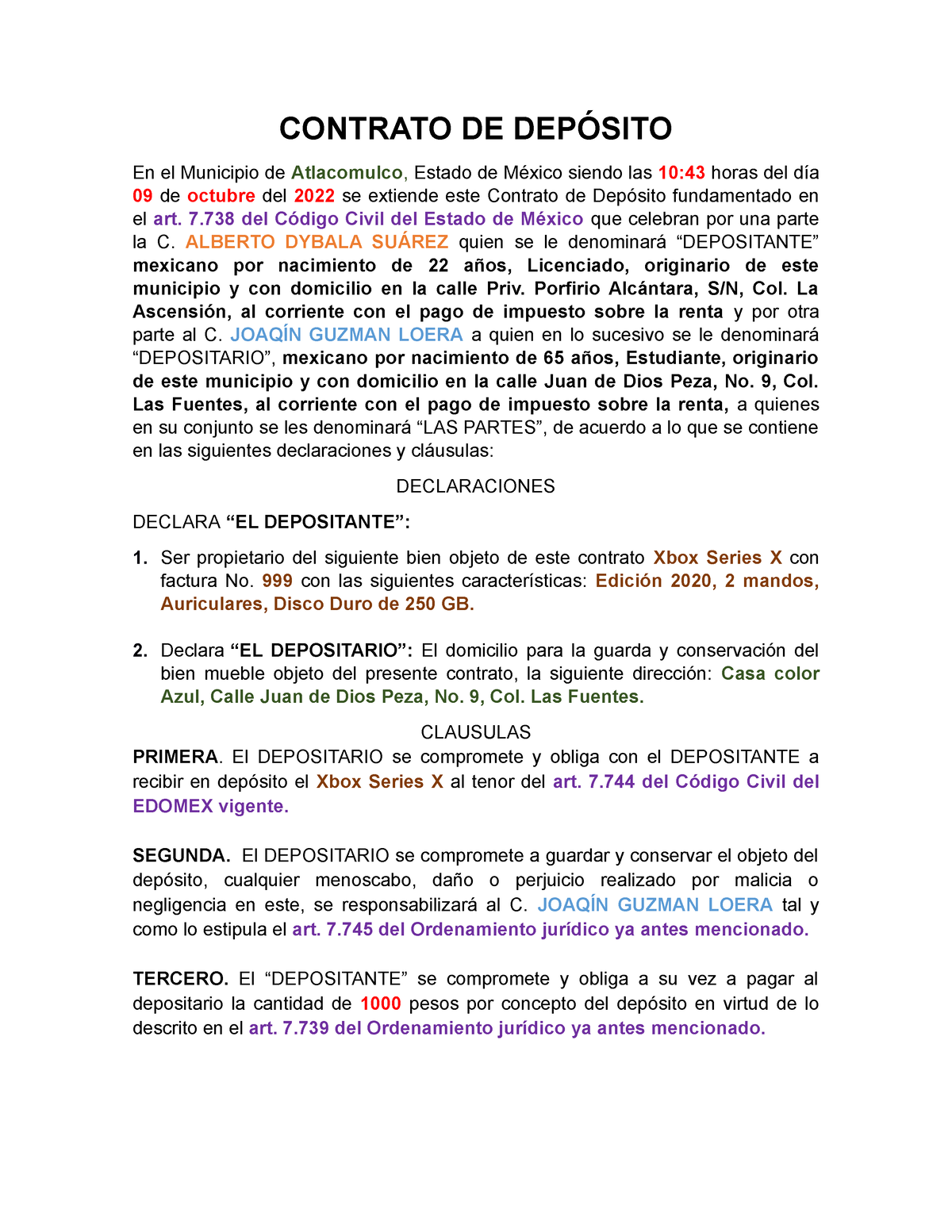 Contrato De Deposito Contrato De DepÓsito En El Municipio De Atlacomulco Estado De México 8894