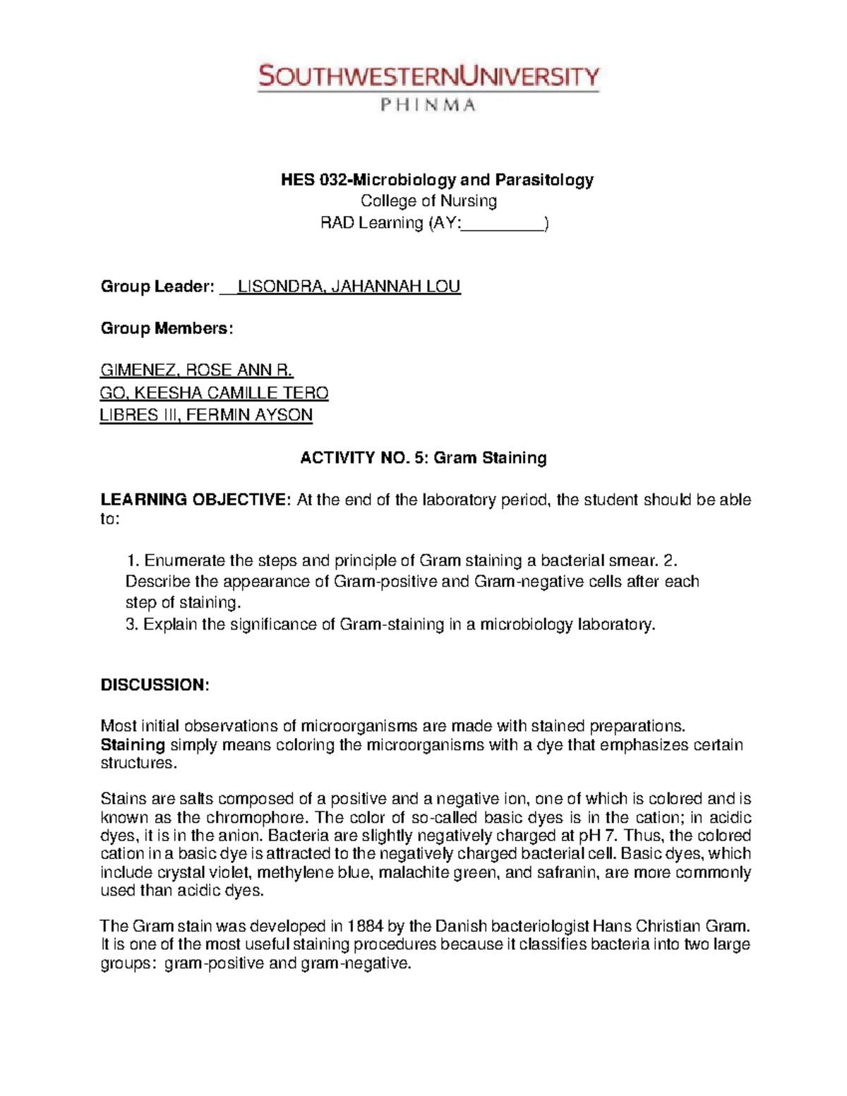 HES 032 LAB Activity 5 - study well - HES 032-Microbiology and ...