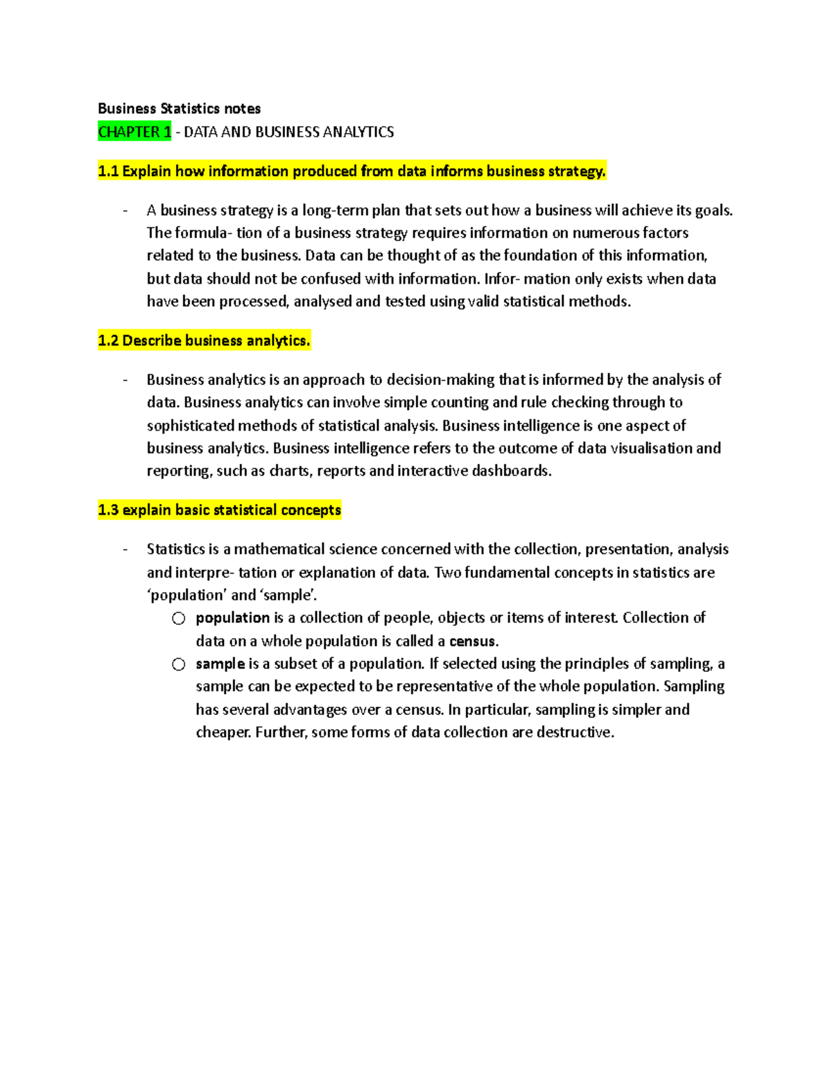 Business Statistics Notes - Business Statistics Notes CHAPTER 1 - DATA ...