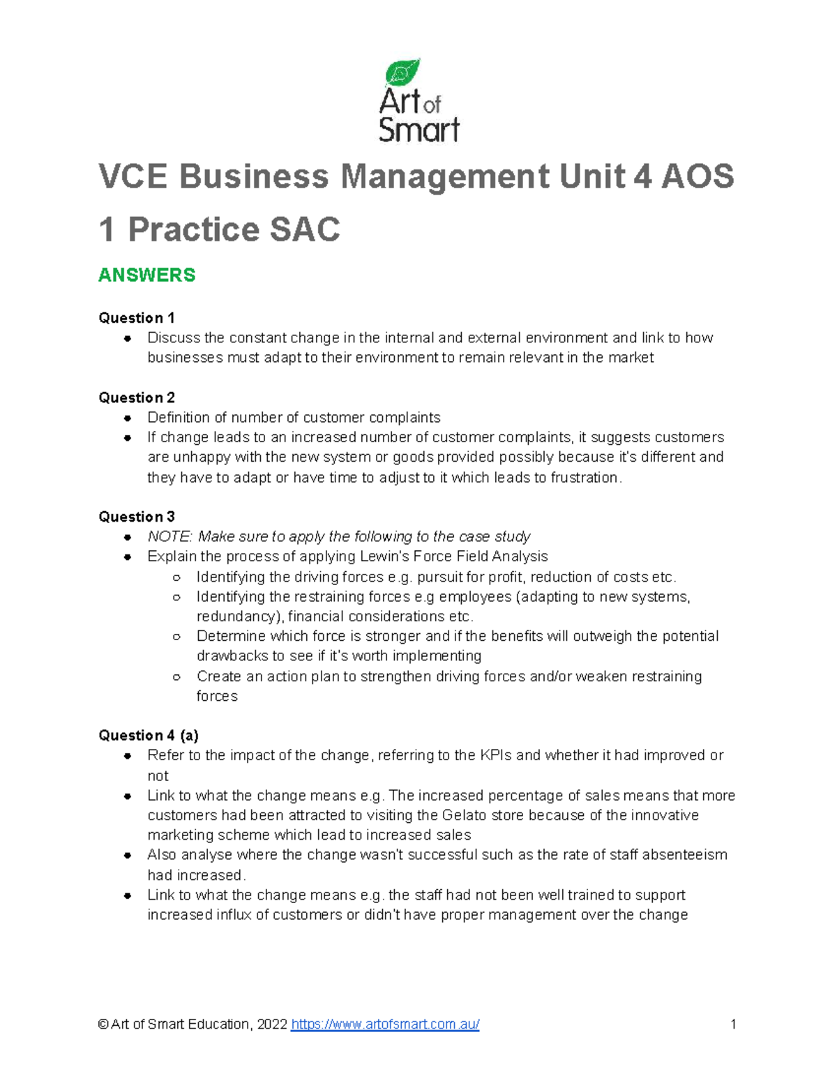 Answers to VCE Business Management Unit 4 AOS 1 Practice SAC Art of ...