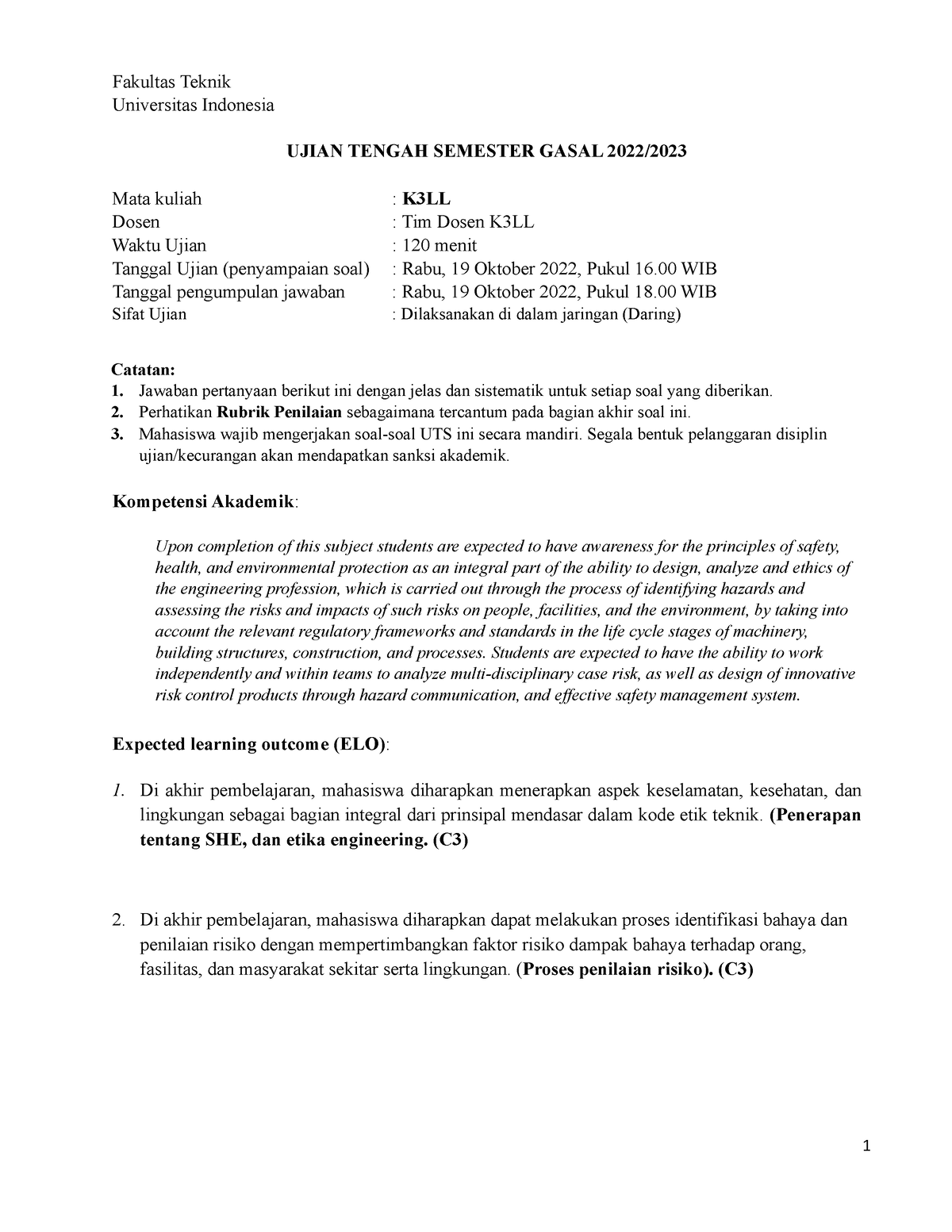 Soal UTS K3LL 2022-2023 - Fakultas Teknik Universitas Indonesia UJIAN ...