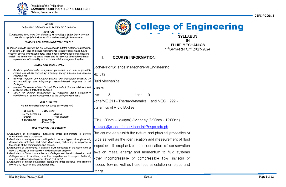 Fluid Mechanics Syllabus College of Engineering and Architecture