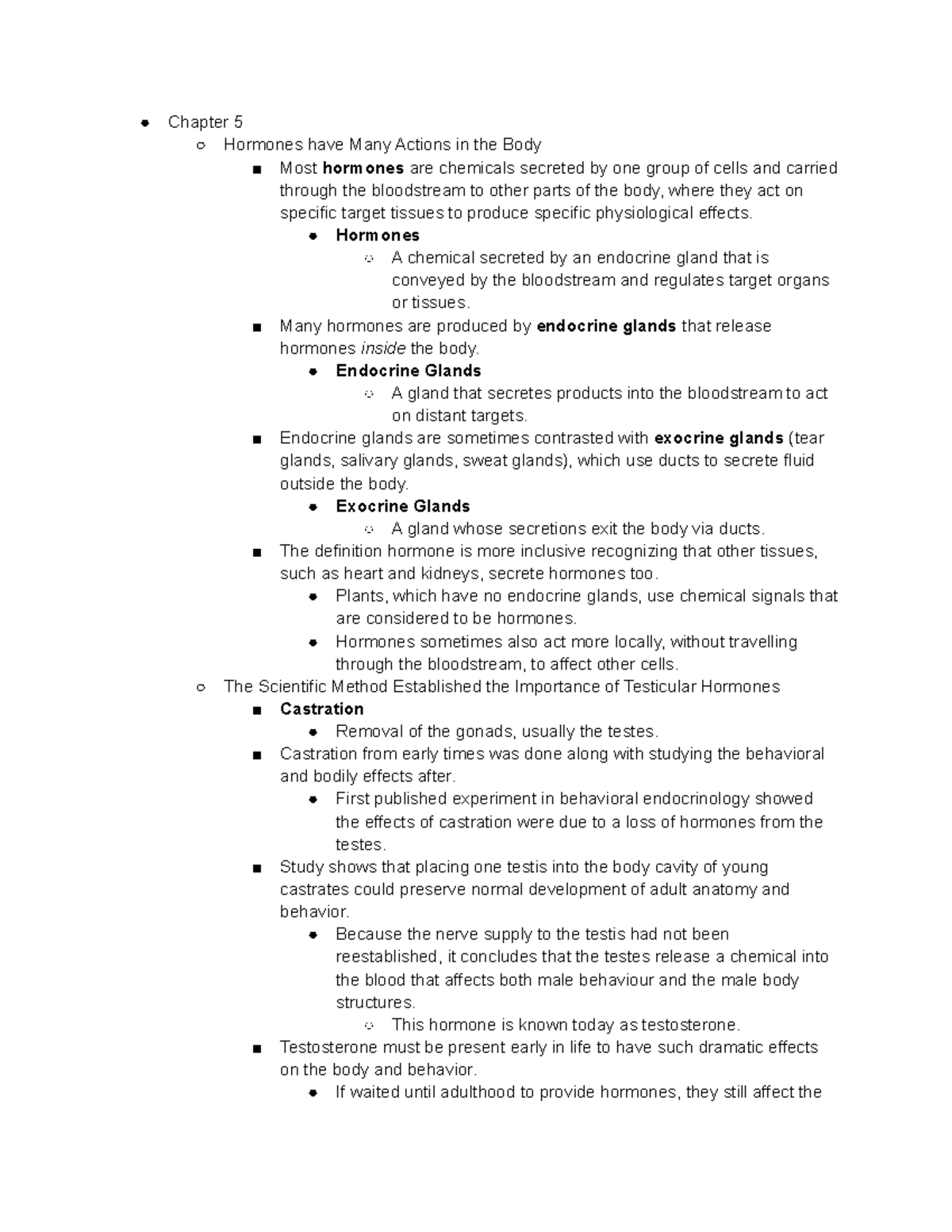 PSY209;Textbook Notes Ch 5 - Chapter 5 Hormones have Many Actions in ...