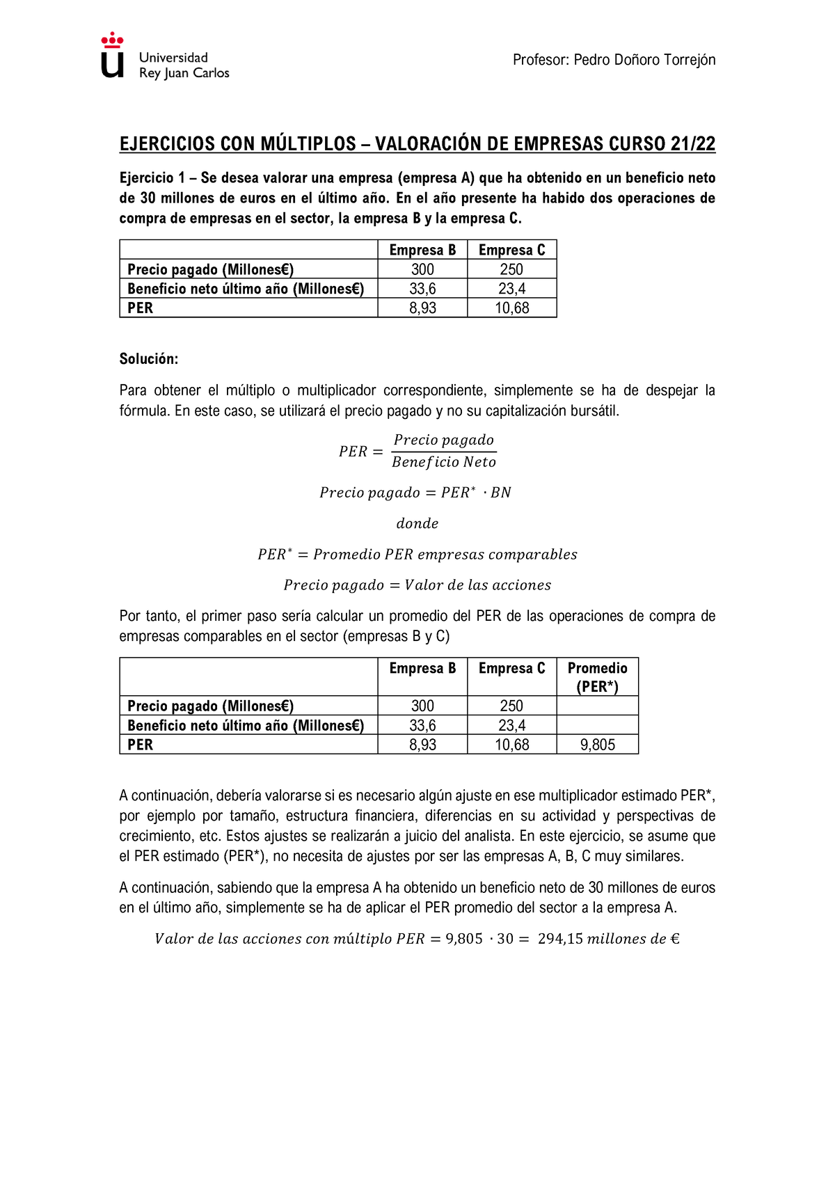 Ejercicios Con Múltiplos Soluciones Ejercicios Con MÚltiplos ValoraciÓn De Empresas Curso 9961