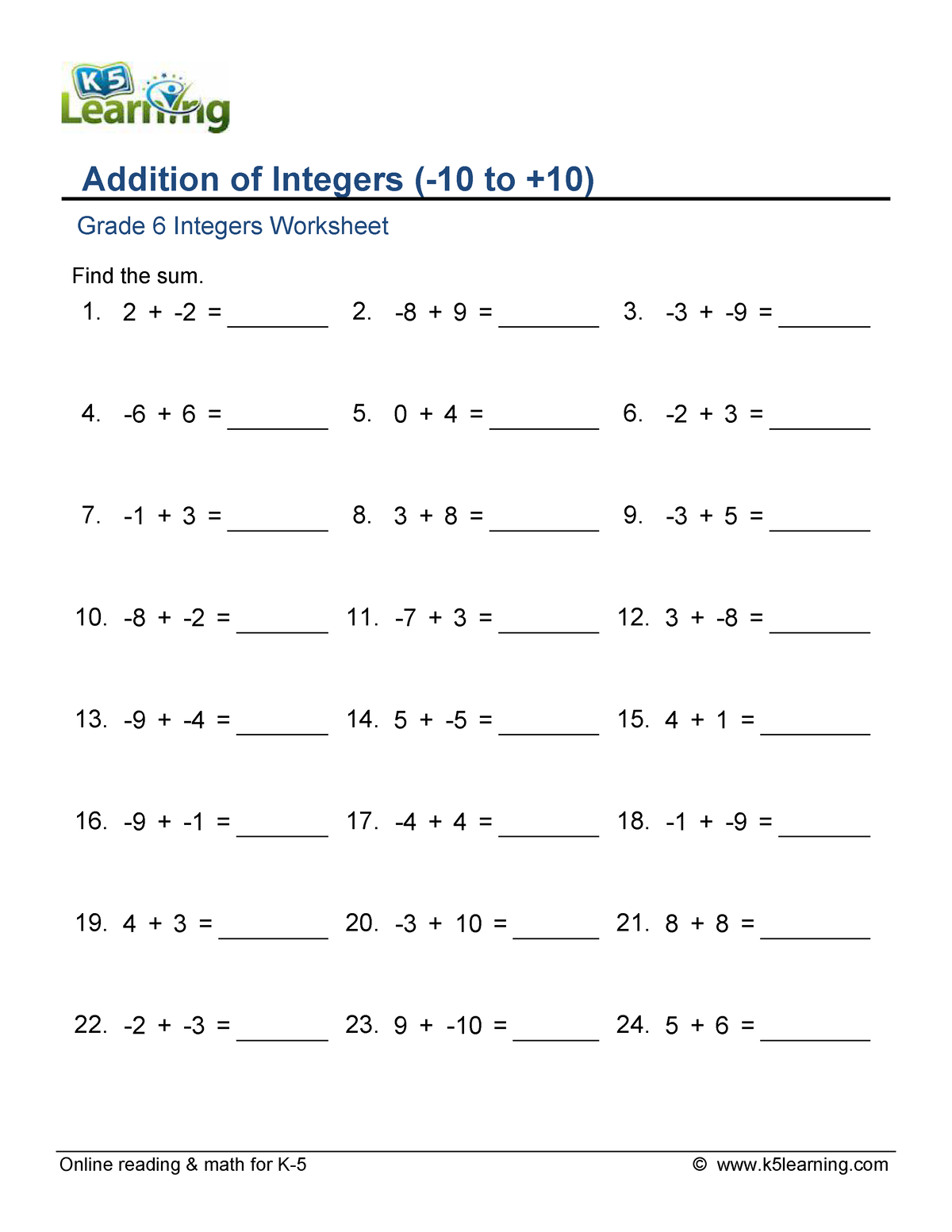 Grade 6 integer addition minus 10 to plus 10 c - Online reading & math ...