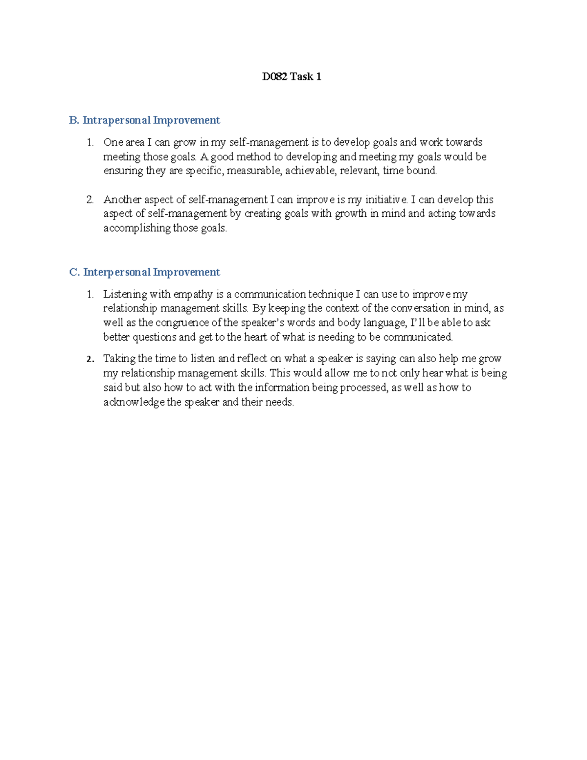 D082 Task 1 - Task 1 assignment. - D082 Task 1 B. Intrapersonal ...
