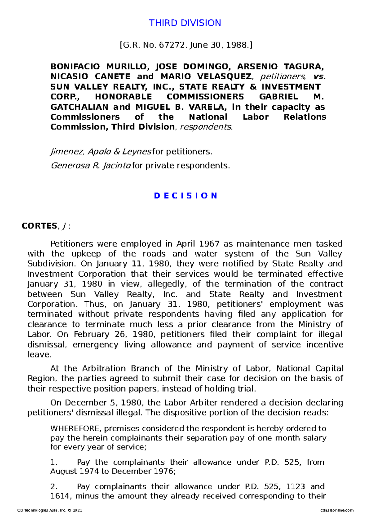 12 Murillo vs. Sun Valley Realty, Inc., GR No. 67272, June 30, 1988 THIRD DIVISION [G. No