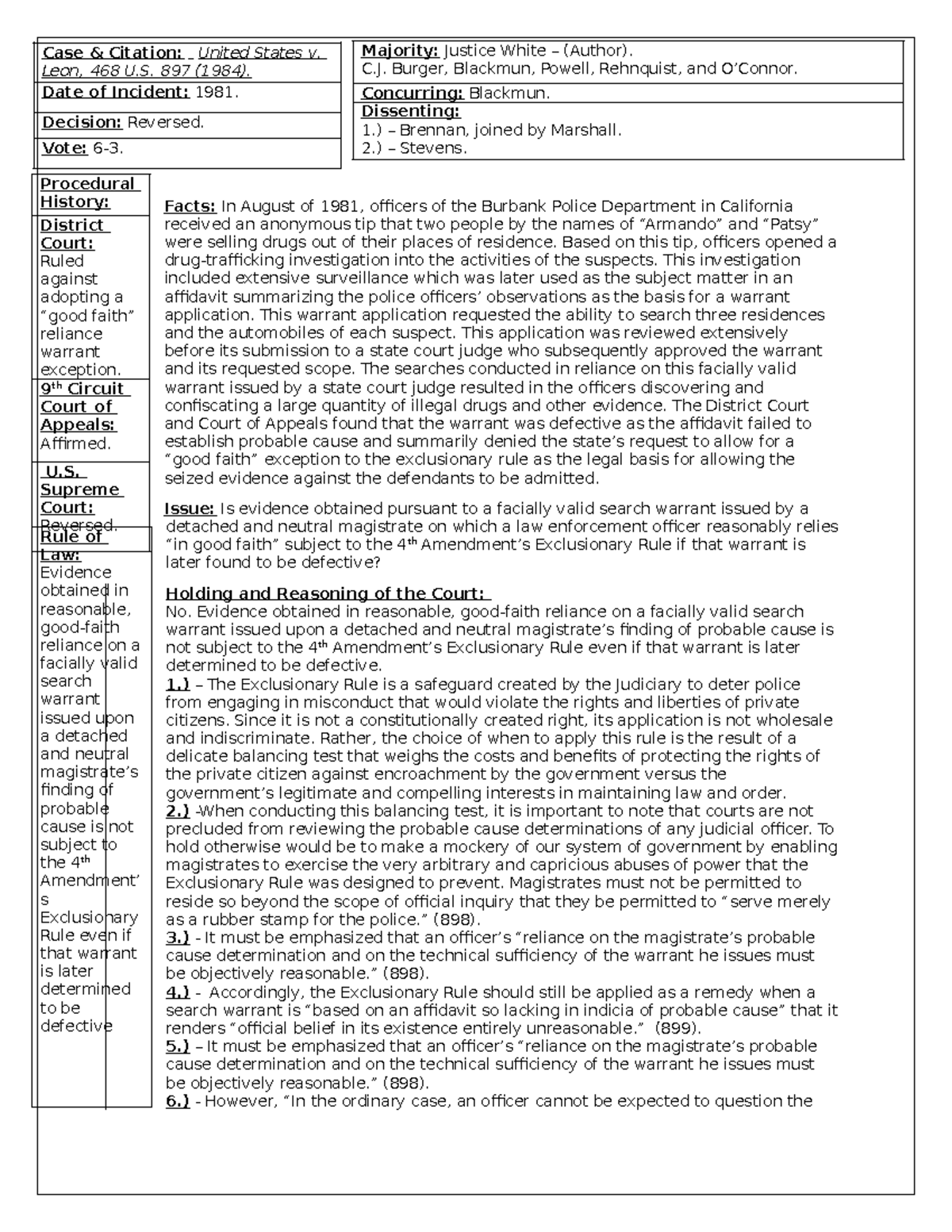 U.S. v. Leon (1984) Case Brief - Facts: In August of 1981, officers of ...