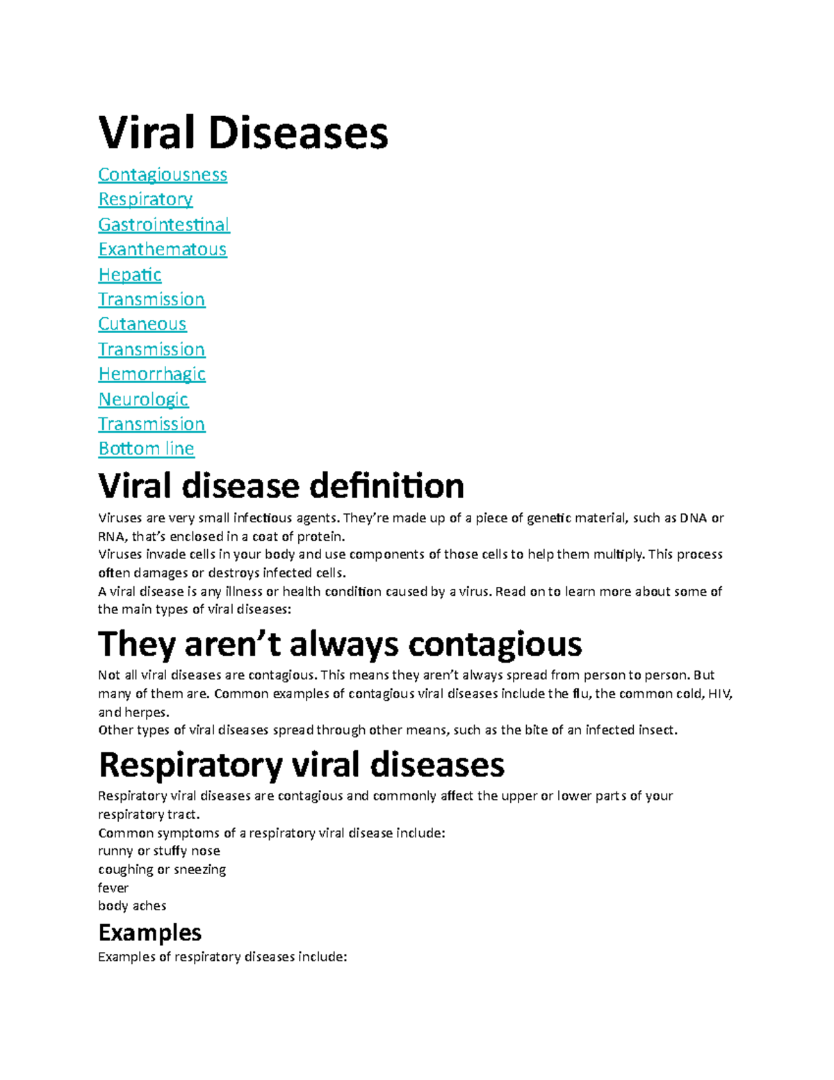 Viral Diseases Viral Diseases Contagiousness Respiratory