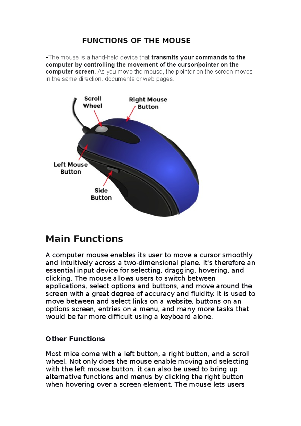 Functions OF THE Mouse and the importance FUNCTIONS OF THE MOUSE