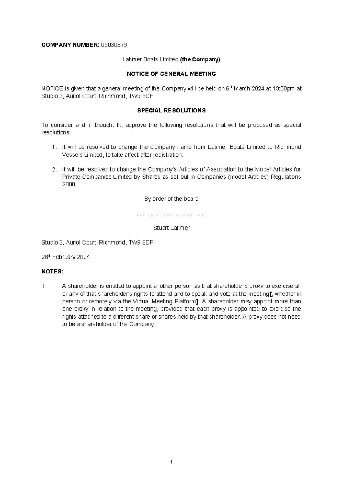 Notice of a GM - These are workshop notes. - COMPANY NUMBER: 05030879 ...