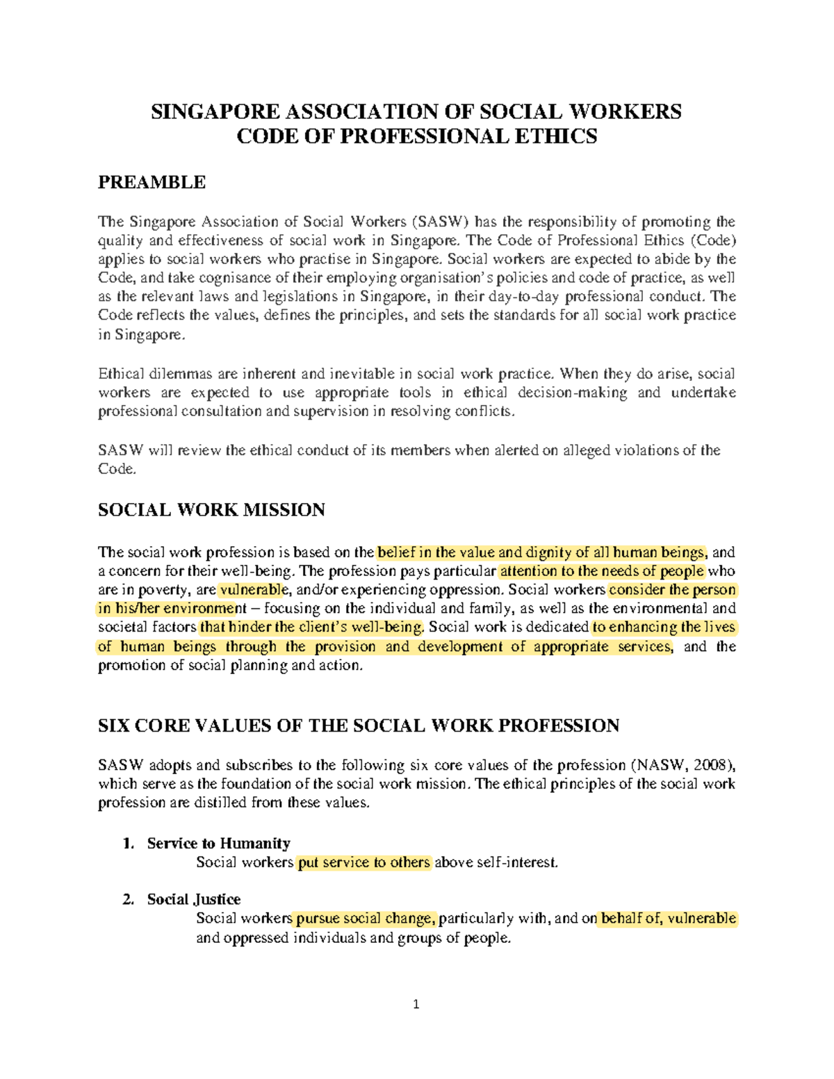 SASW Code of Professional Ethics 3rd Revision SINGAPORE