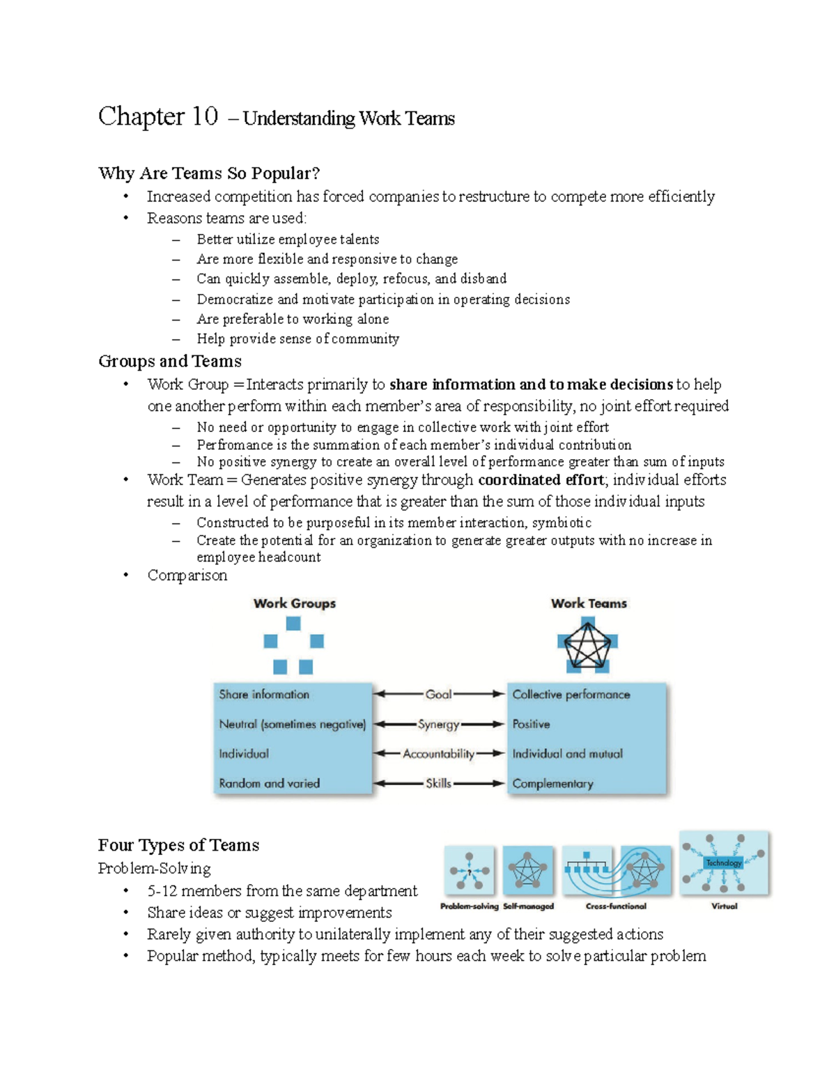 Ch 10 Outline - Class Notes - Chapter 10 – Understanding Work Teams Why ...