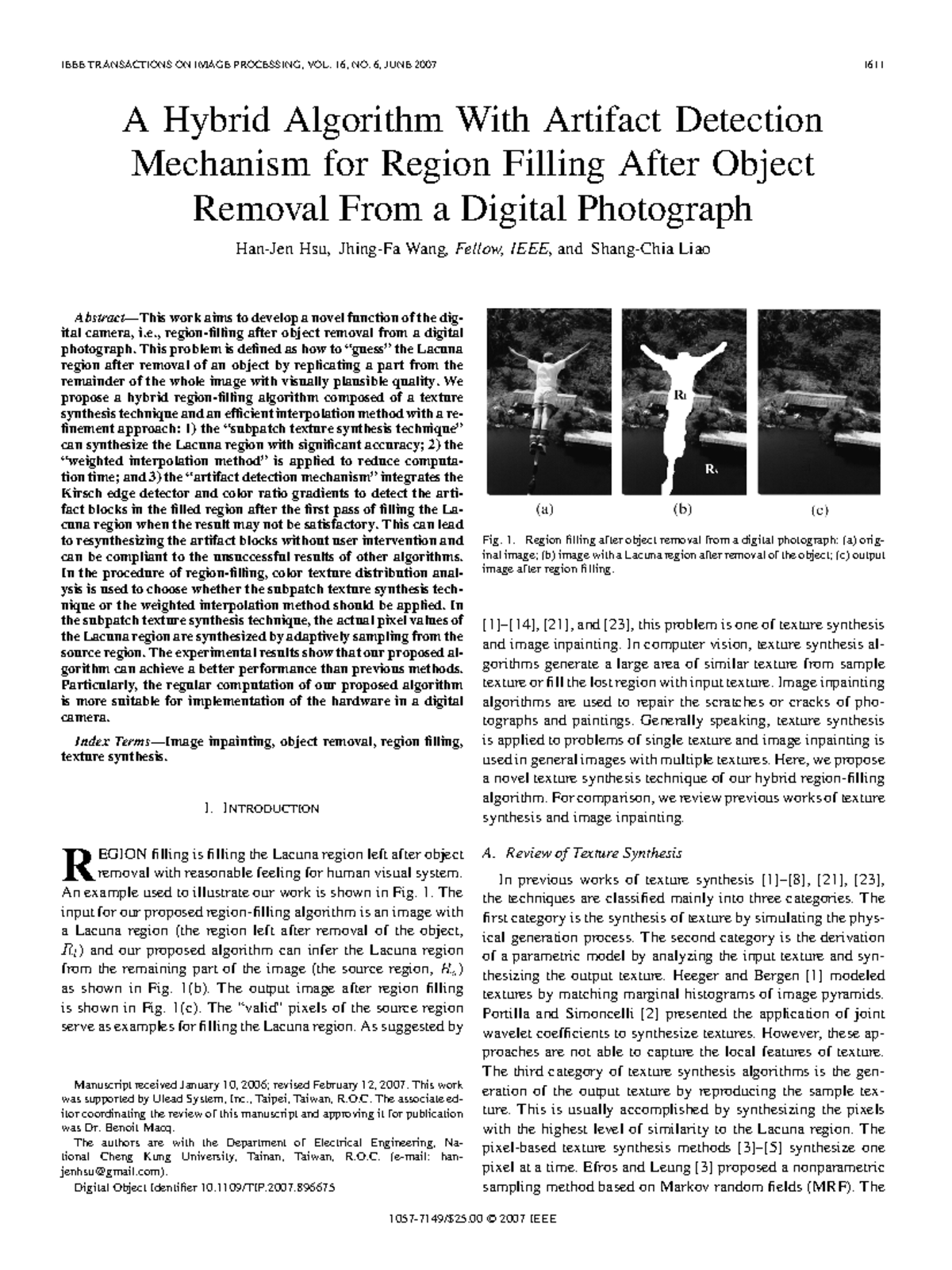 Hsu2007 - IEEE TRANSACTIONS ON IMAGE PROCESSING, VOL. 16, NO. 6, JUNE ...