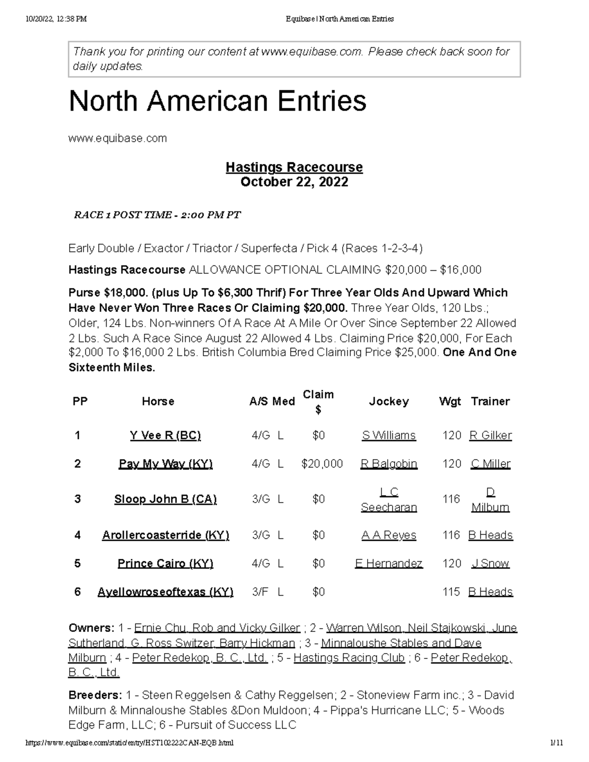 Equibase North American Entries 10/20/22, 1238 PM Equibase North