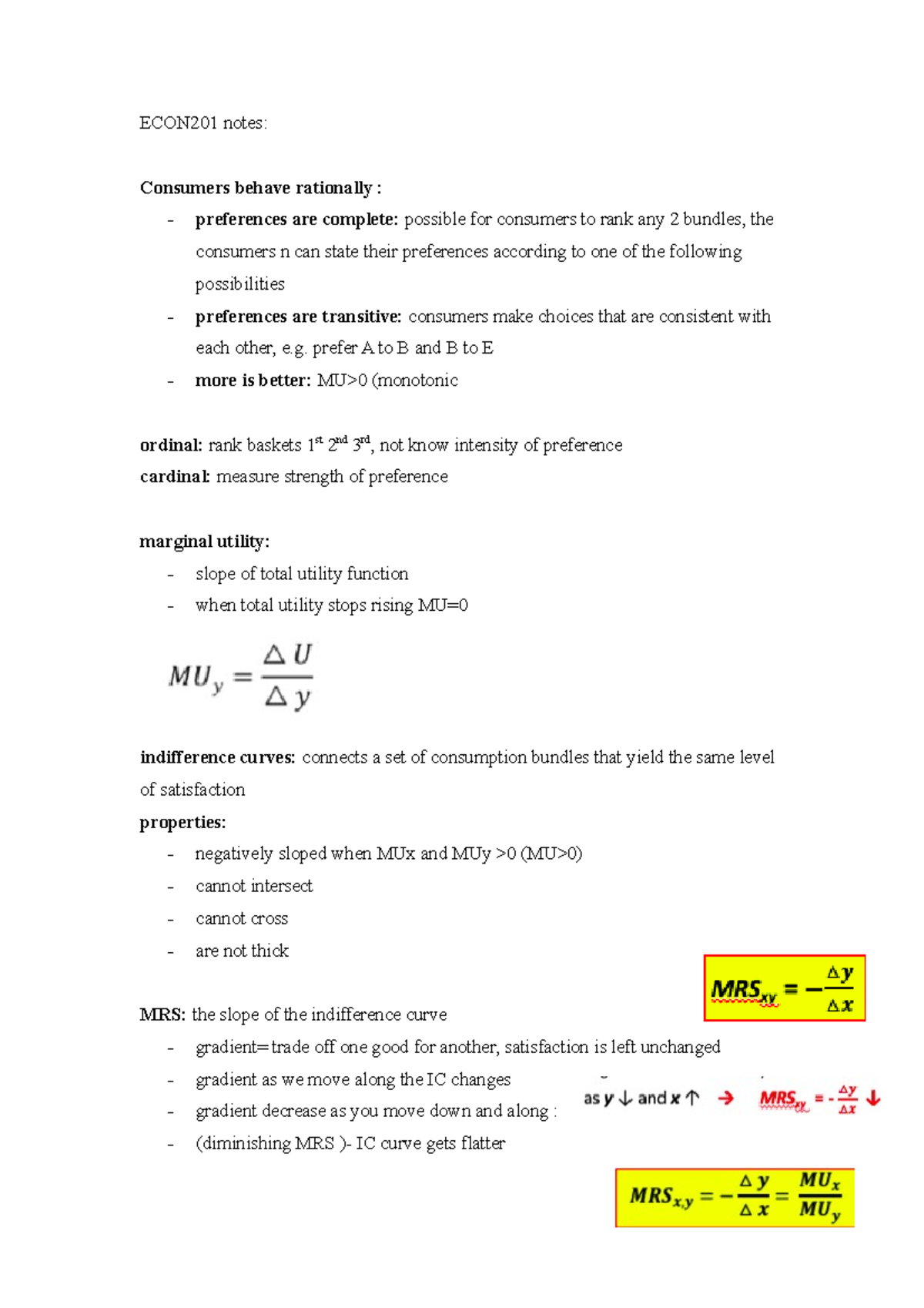 ECON201 Notes Summary Notes Mid Sem Test - ECON201 Notes: Consumers ...