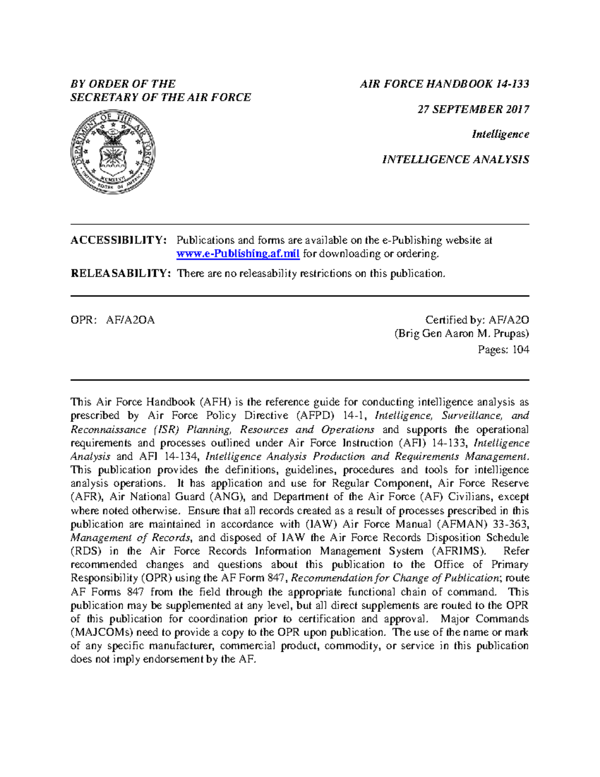 Afh14-133 - TAREAS ESCOLARES - BY ORDER OF THE SECRETARY OF THE AIR ...